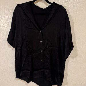 Olivaceous Black Short Sleeve Women's Button Down Silky Shirt | M